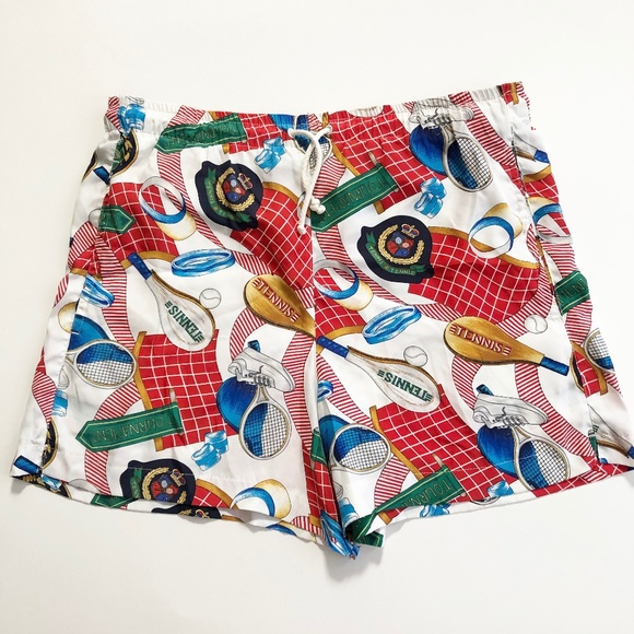 VTG 80s 90s Tail All Over Print Shorts Tennis Theme Racquet Ball Sneaker Net - Picture 1 of 8